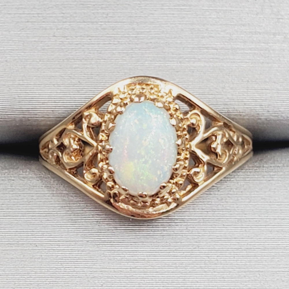 10k Solid Yellow Gold Filigree Oval Opal Ring